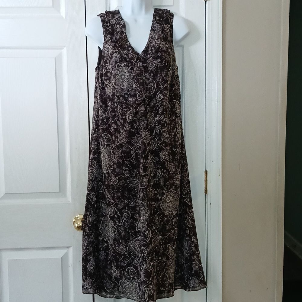 Ann Taylor Loft brown and off white sleeveless dress with ruffle  Sz 14 NWOT